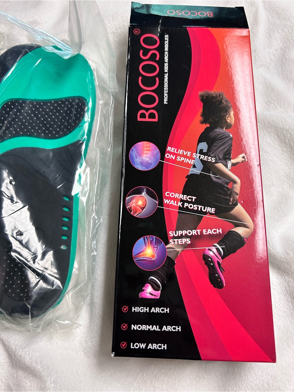 BOCOSO Kids Arch Support Teal & Black Gel Insoles size XL